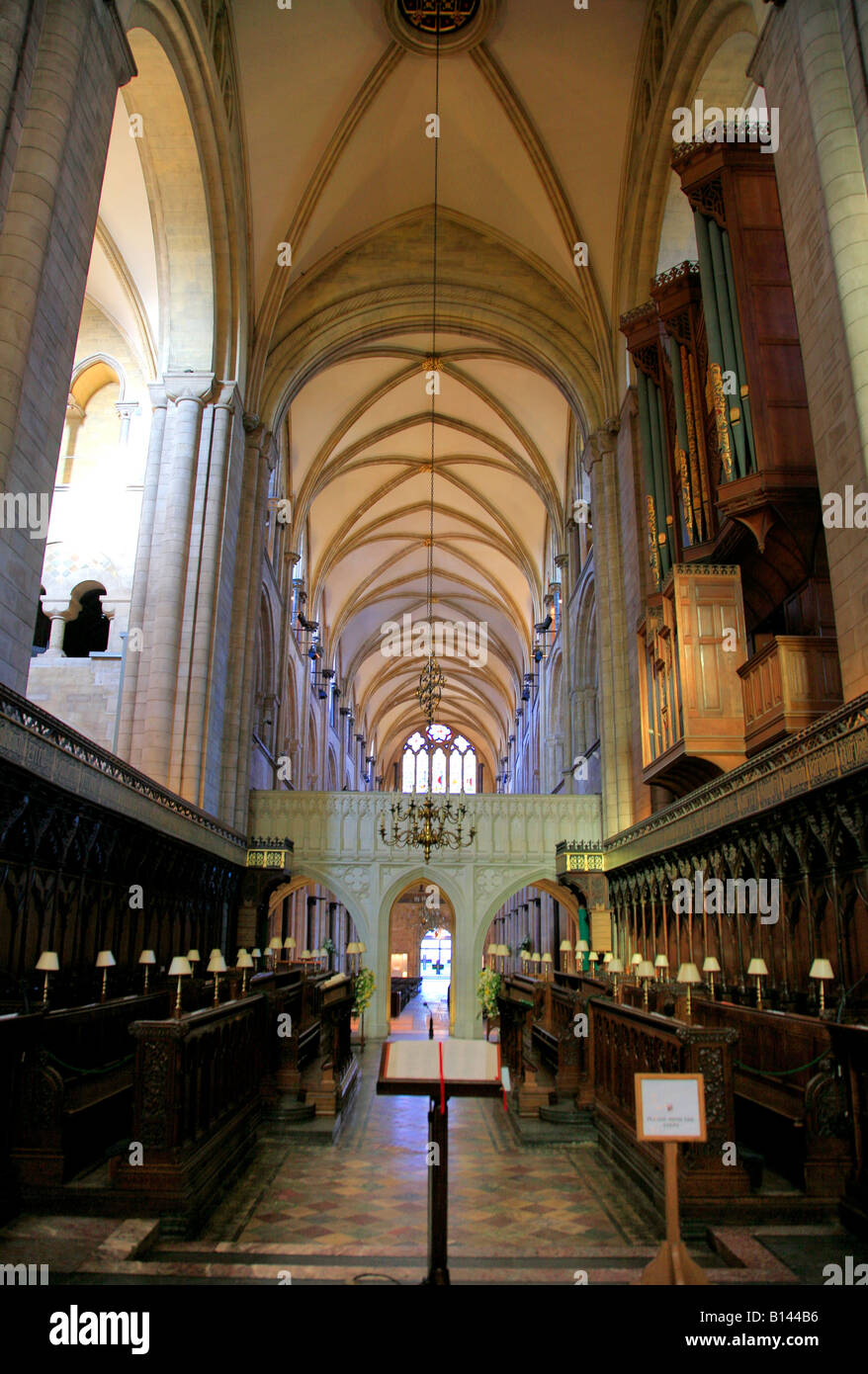 Blick entlang der Chor Stände Chichester Cathedral Chichester City West Sussex England Großbritannien UK Stockfoto