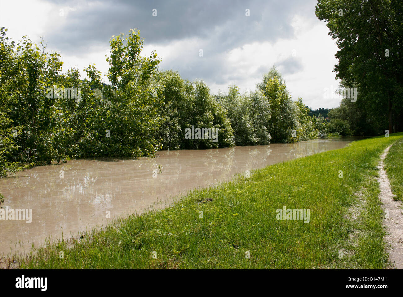 28. Mai 2008. Fluss Po während der Sintflut. Parco Vallere, Moncalieri, Turin, Piemont, Italien Stockfoto