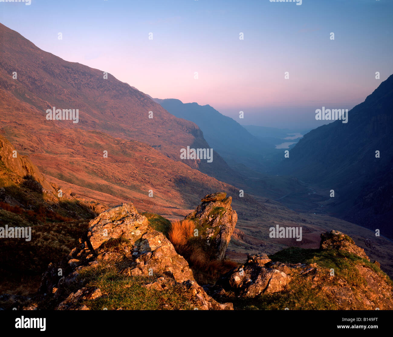 Sonnenaufgang in Nant Peris, Snowdonia-Nationalpark. Wales Stockfoto