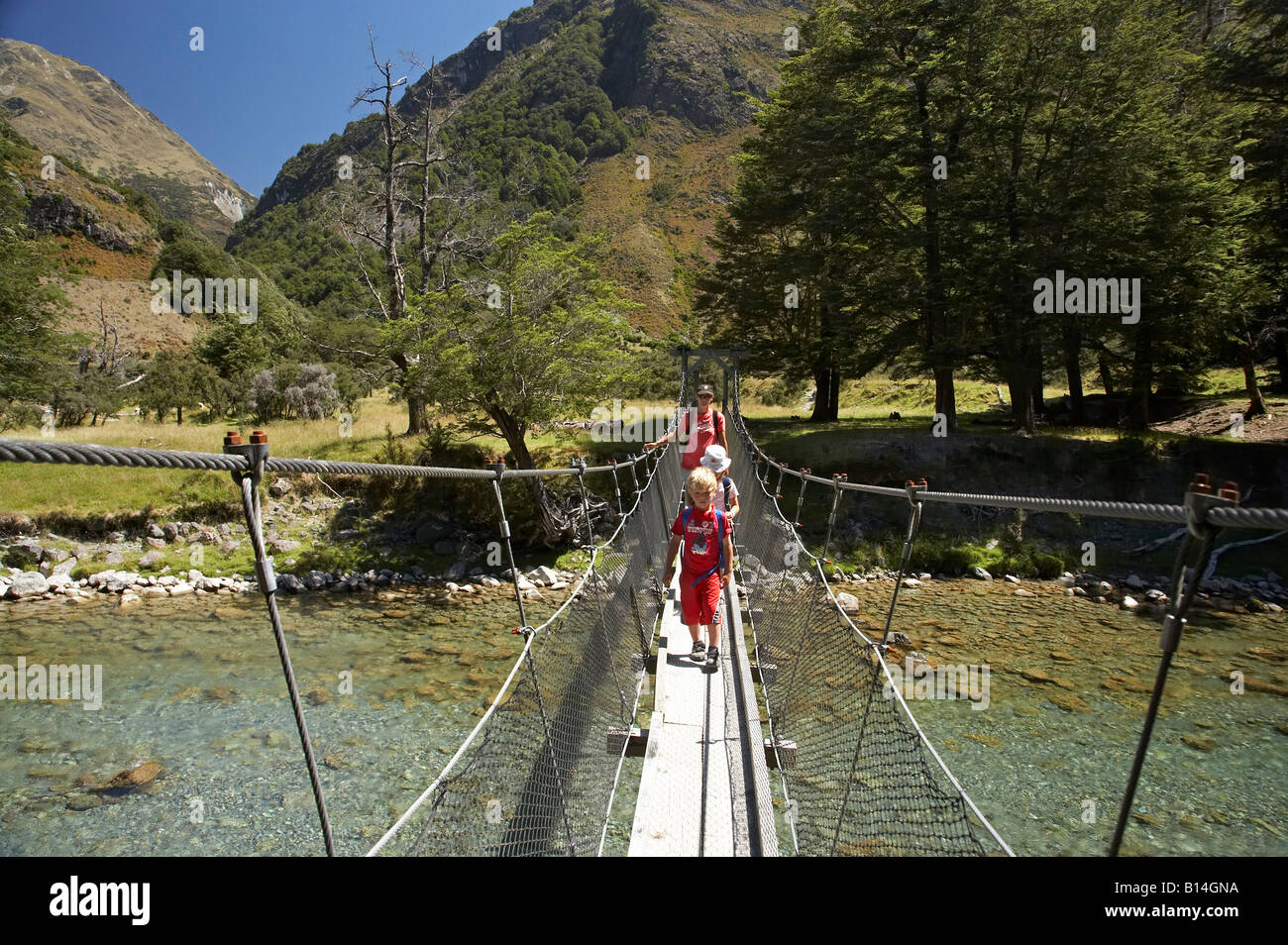 Drehbrücke über Caples Fluss Caples und Greenstone Täler in der Nähe von Lake Wakatipu Südinsel Neuseeland Stockfoto