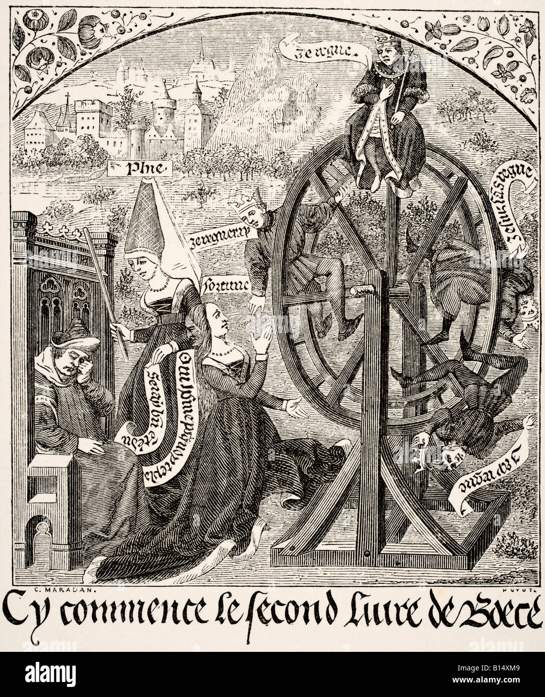 Das Glücksrad. Nach einer Miniatur im 15.. Jahrhundert MS Trost von Boethius. Stockfoto