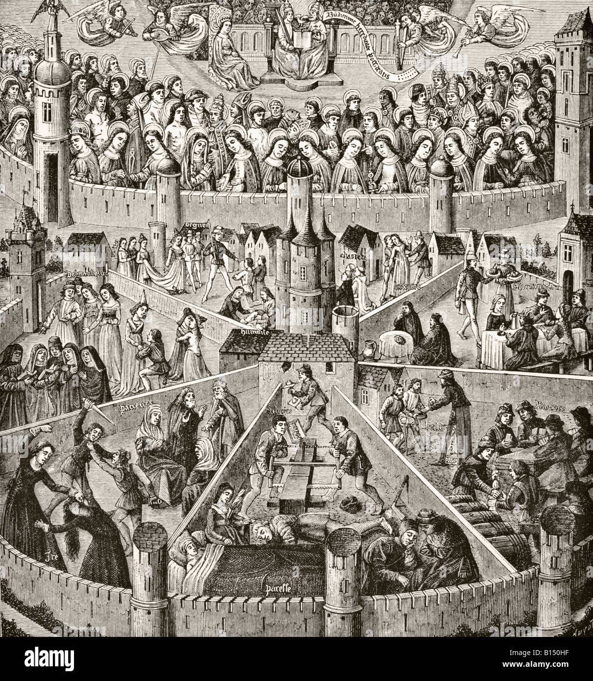 Die Stadt Gottes des heiligen Augustinus nach einem Stich aus dem 15.. Jahrhundert. Stockfoto