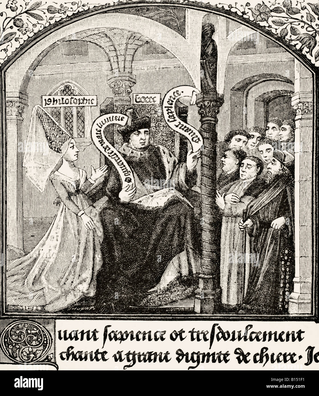 Anicius Manlius Severinus Boethius, 480 - 524/525 berät Dame Philosophy. Stockfoto