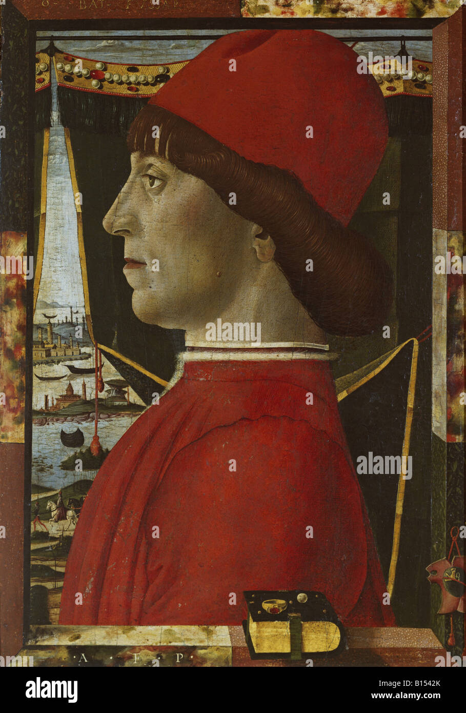 Bildende Kunst, Estense, Baldassare (1443 - 1504), Malerei, "Portrait eines Adligen", Öl auf Leinwand, 51 cm x 37 cm, Museum Correr, Venedig, Italien, Artist's Urheberrecht nicht gelöscht werden Stockfoto