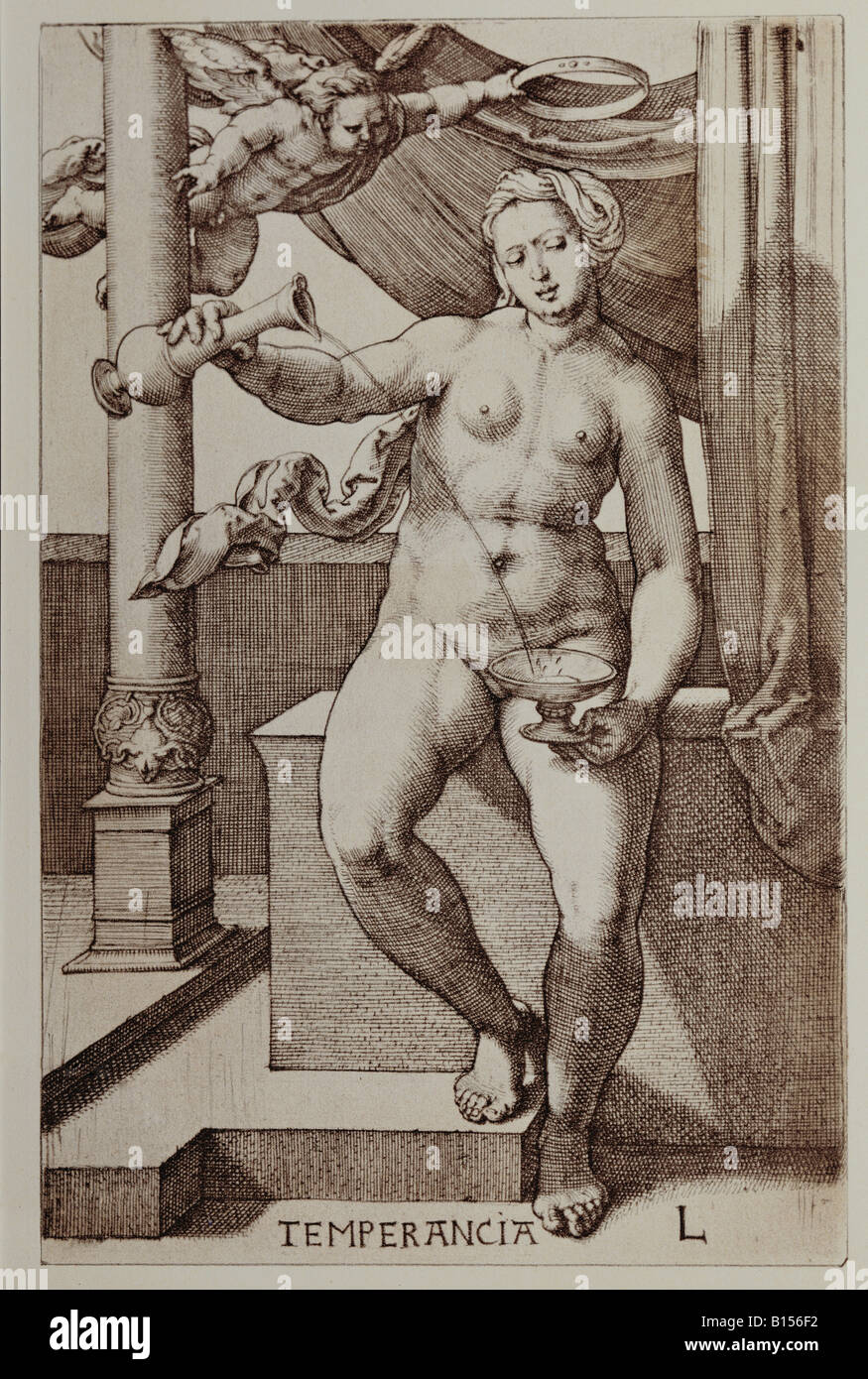 Bildende Kunst, Lucas van Leyden (1494 - 1533), Grafik, Serie "Tugenden", Seite "temperance", Privatsammlung, Artist's Urheberrecht nicht gelöscht werden Stockfoto
