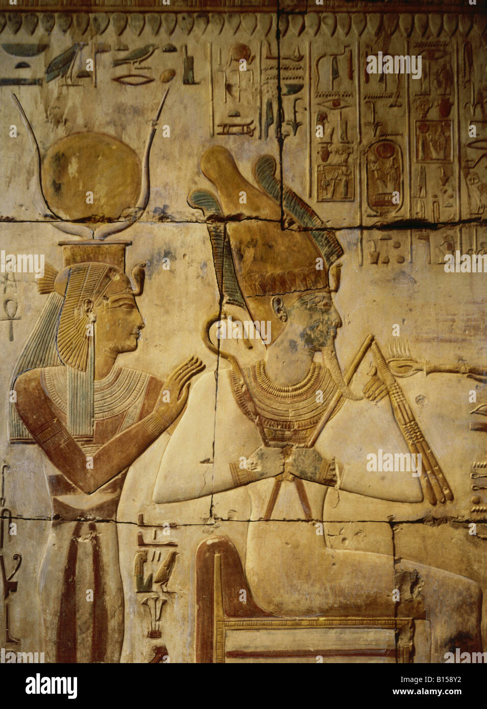 Bildende Kunst, antike, Ägypten, Relief, Osiris und Isis, Tempel des Königs Seti I (ca. 1290-1279 v. Chr., 19. Dynastie), Kapelle V, Abydos,, Artist's Urheberrecht nicht gelöscht werden Stockfoto