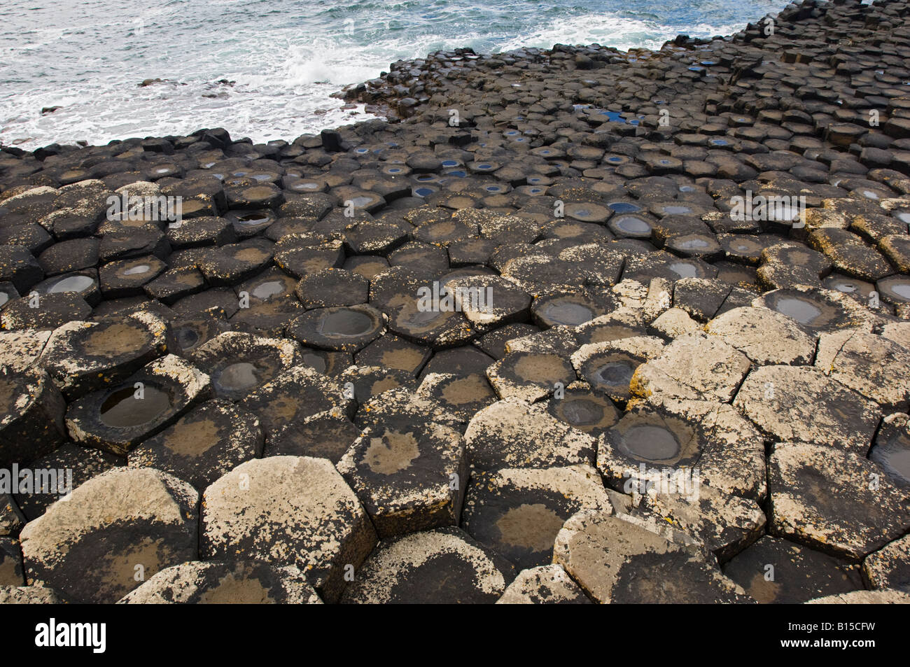 Tesseliert Felsformationen an die Giants Causeway, County Antrim, Nordirland Stockfoto