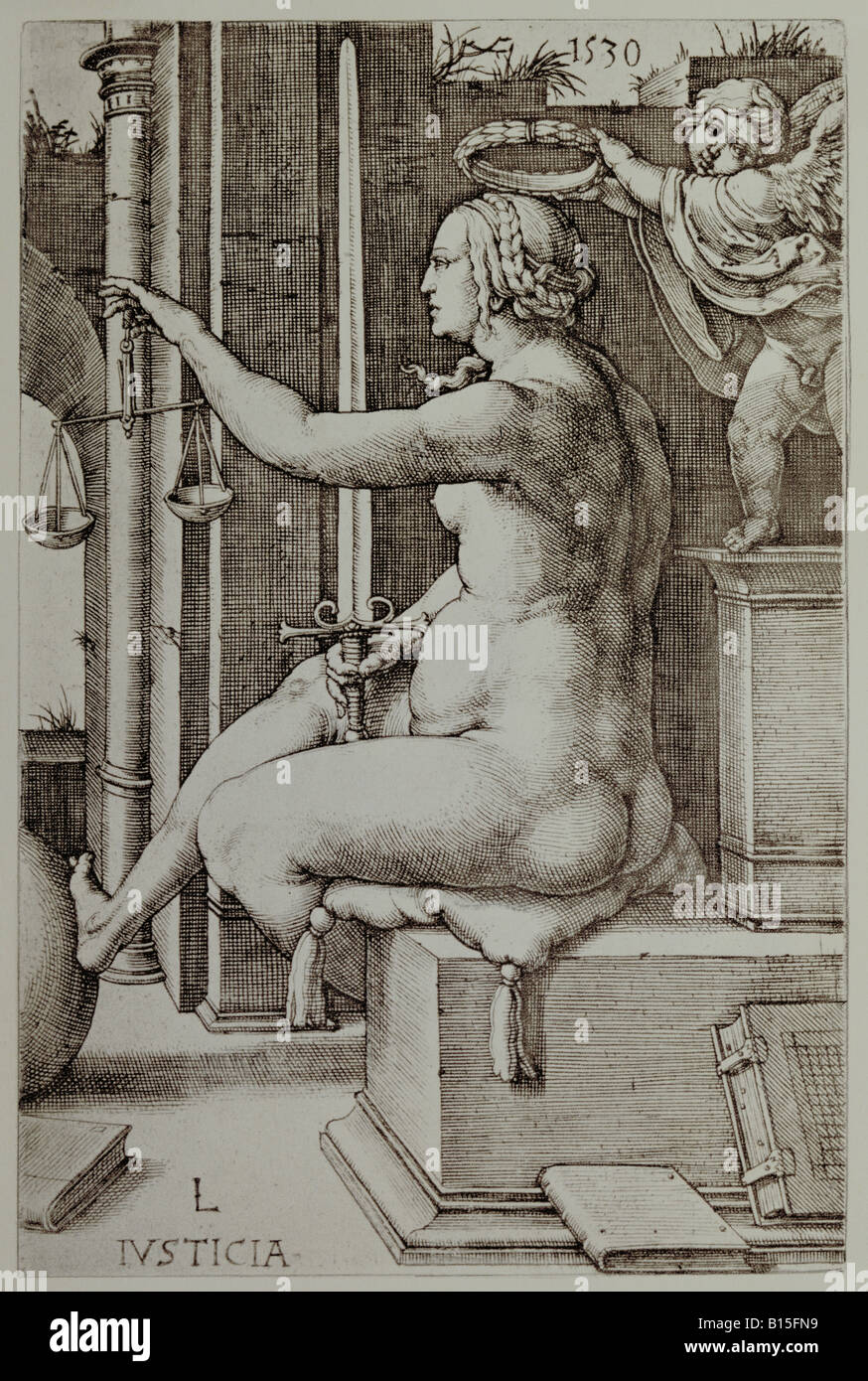 Bildende Kunst, Lucas van Leyden (1494 - 1533), Grafik, Serie "Tugenden", Seite 'Gerechtigkeit', private Sammlung,, Artist's Urheberrecht nicht gelöscht werden Stockfoto