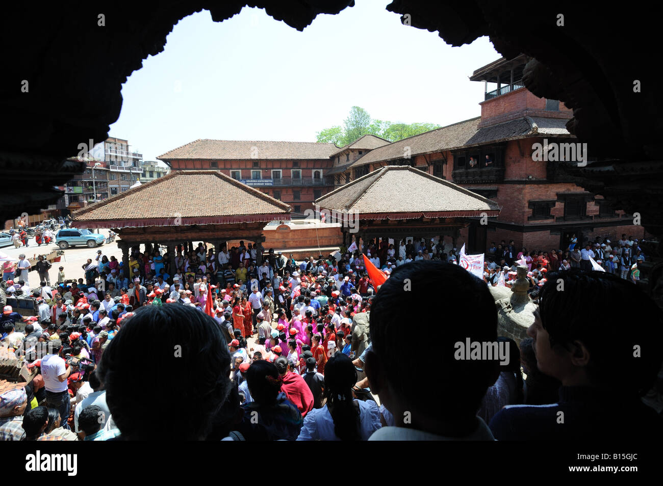 Feier Wahlveranstaltung in Patan Durbar Square, nachdem die Maoisten in Nepal die Wahlen in Nepal im April 2008 gewonnen. Stockfoto