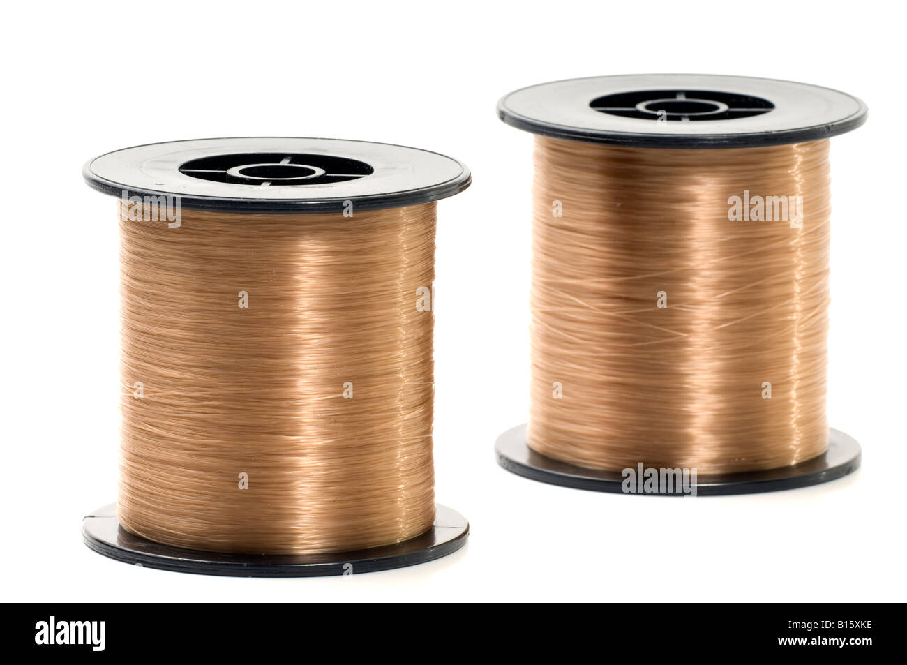 Zwei schwarze Spulen Nylon Monofile Angelschnur Stockfoto