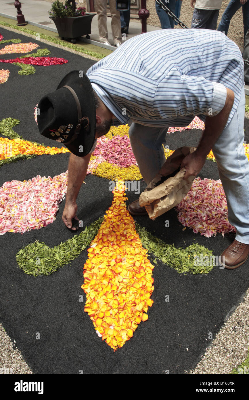 Vermittlung von sorgfältig Rosenblätter auf die Blumenteppiche aus Blüten Samen und Vulkansand, Corpus Christi in La Oratava, Teneriffa zu feiern Stockfoto