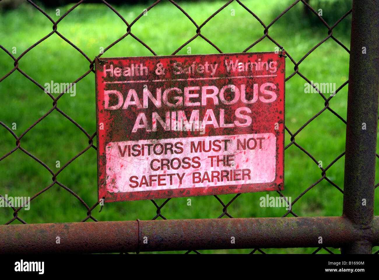 Gefährliche Tiere Warnzeichen Arbeitssicherheit beachten Sie besagt, dass Besucher der Schutzzaun nicht überschreiten dürfen Stockfoto