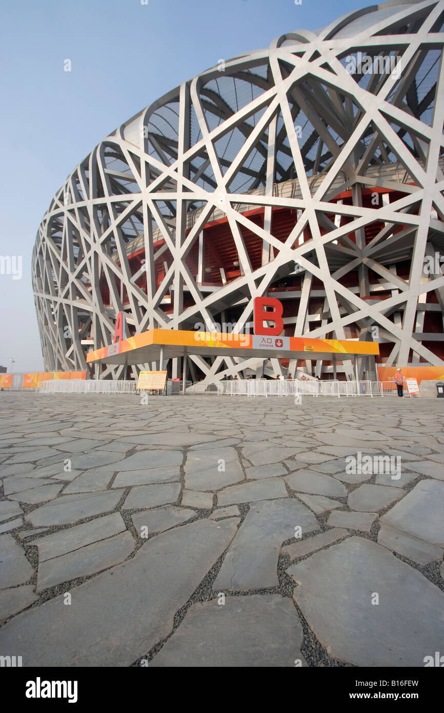 Vertikale Detailansicht von Beijing National Stadium auch bekannt als das Vogelnest für seine Architektur. Stockfoto