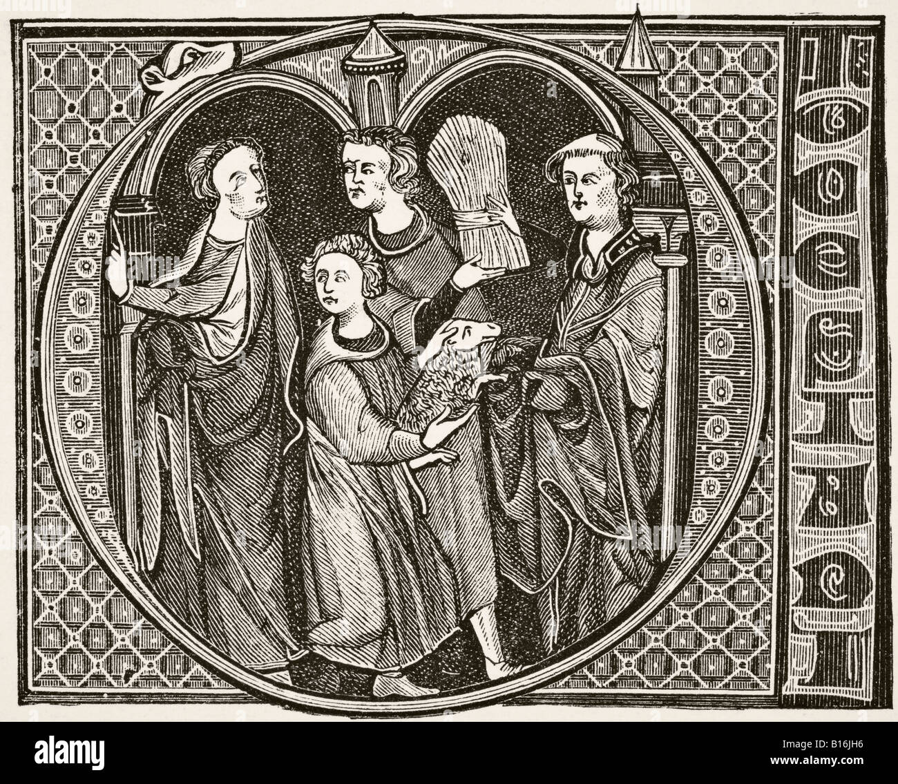 Mönche beschäftigten sich mit Landwirtschaft. Großbuchstabe O im 13. Jahrhundert Livre de Jurisprudence. Stockfoto