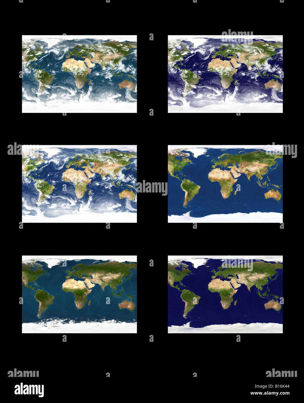 Weltkarte, anderen Modus, mit Wolken und ohne Wolken, höchste Auflösung, realen Topographie Rendern Stockfoto