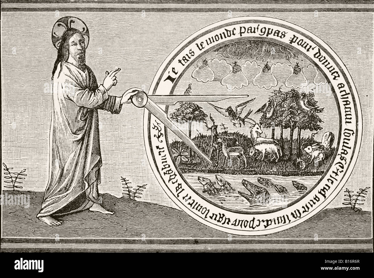 Gott, der die Welt durch Kompass erschafft, aus der Miniatur des a15.. Jahrhunderts in Brunetto Latinis Tresor. Stockfoto