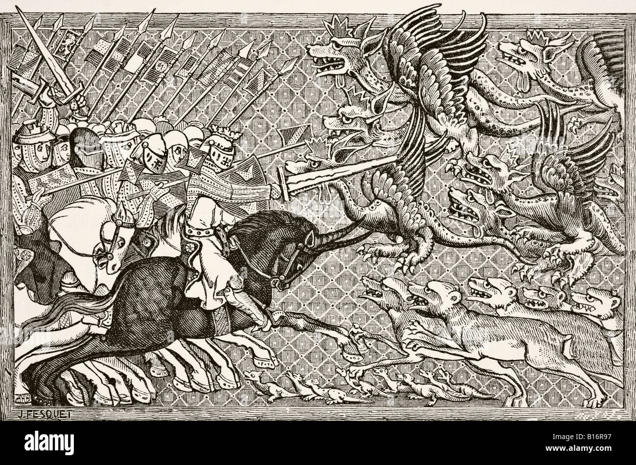 Wie Alexander gegen die Drachen und eine Tierart namens Skorpion kämpfte. Stockfoto