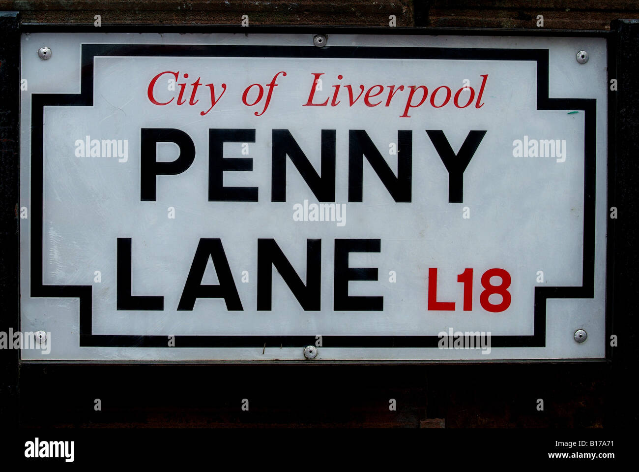 Straßenschild in Penny Lane Liverpool UK bekannt geworden durch die Beatles in den 1960er Jahren mit einem Lied mit dem gleichen Namen Stockfoto