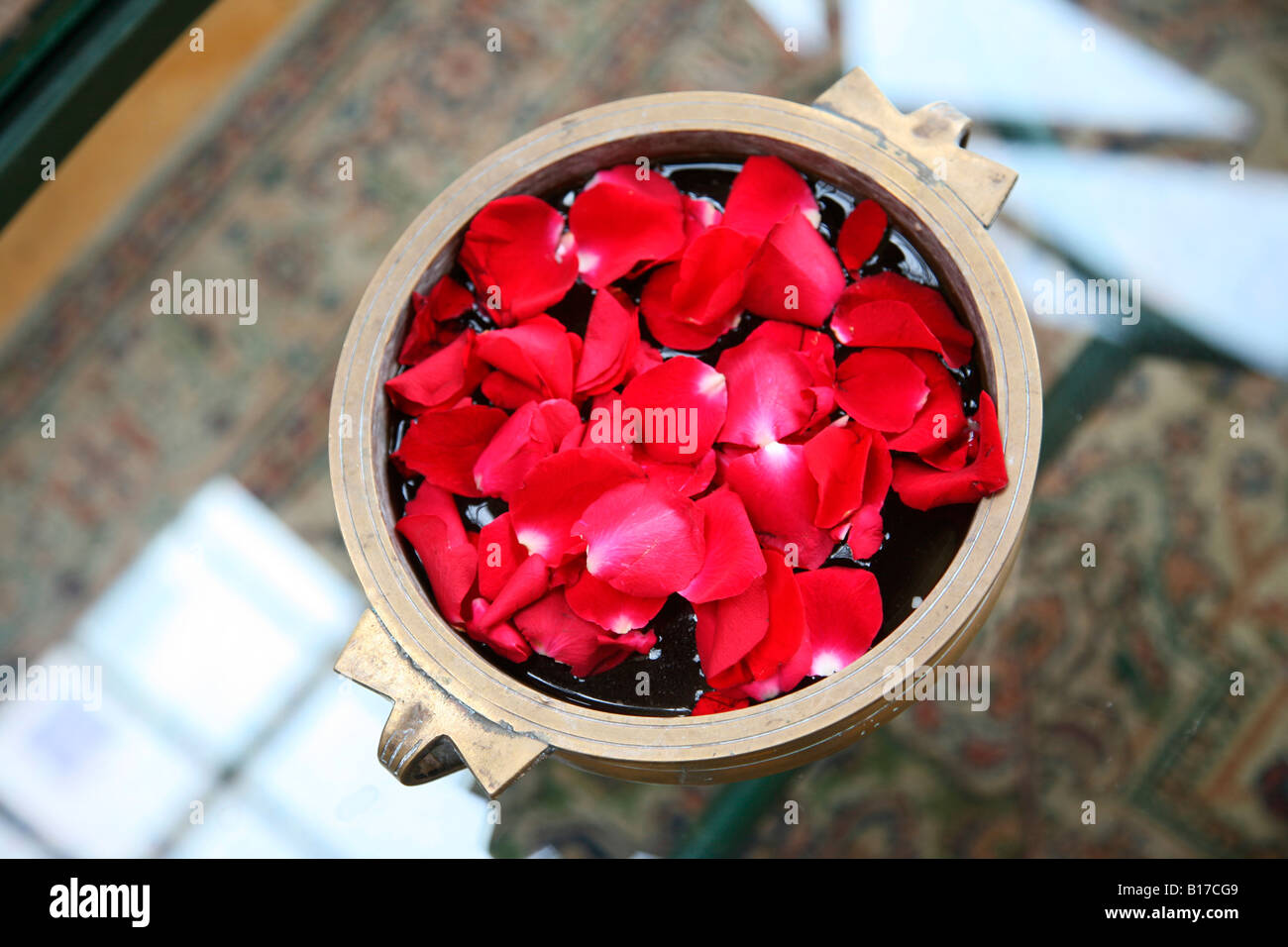 Rosenblätter in Bronze container Stockfoto