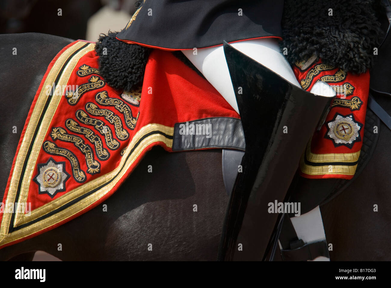 Offizier der Horse Guards auf einem Pferd mit einer Pferdedecke zeigt Schlacht Ehrungen Stockfoto