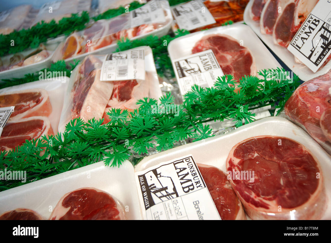 Haus produziert Fleisch im Bauernmarkt. Stockfoto