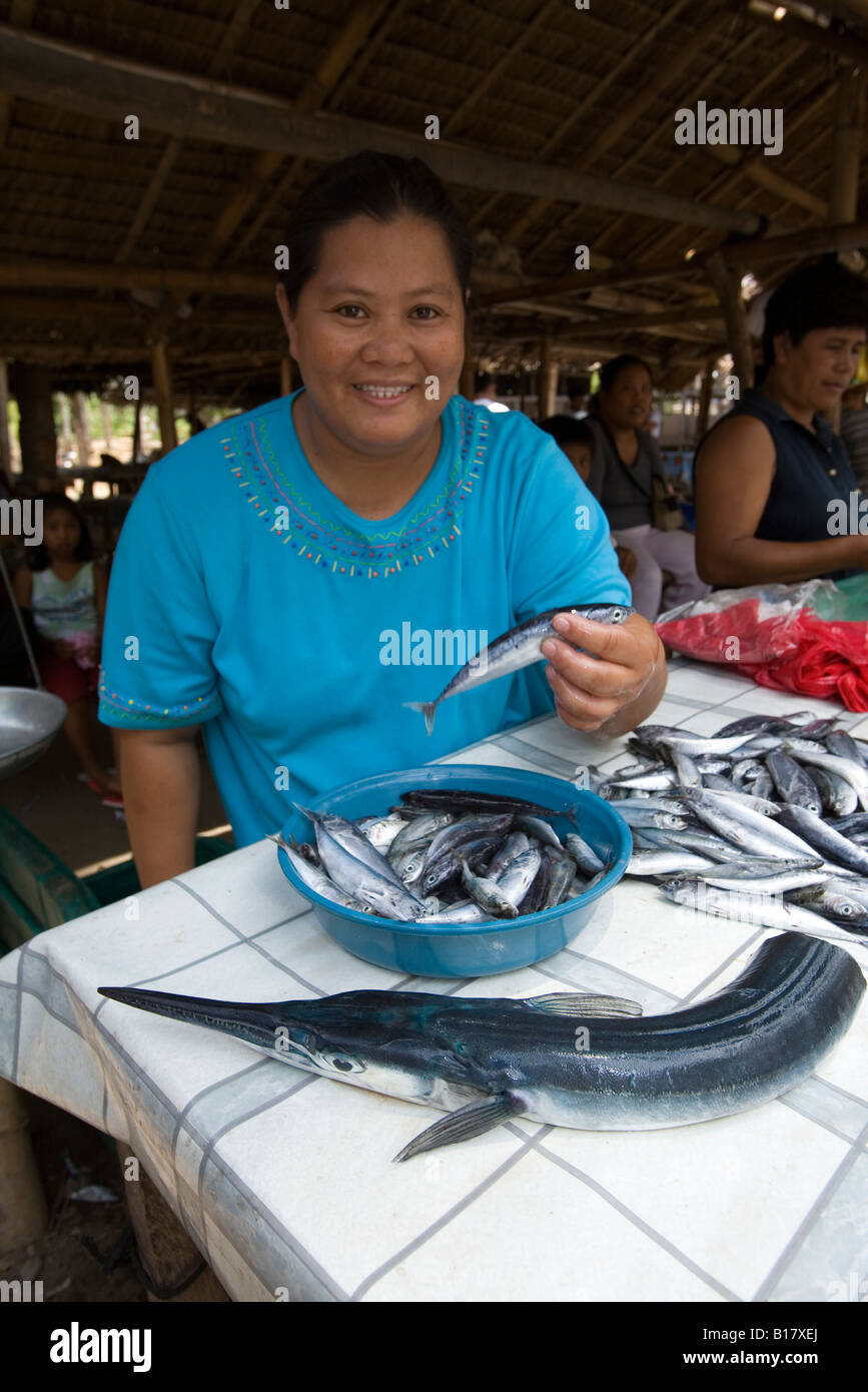 lokale Frau verkaufen Fisch auf dem Markt Dumaguete Apo Insel Negros Philippinen Stockfoto