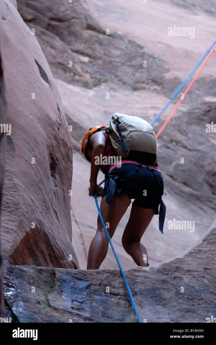 Touristischen hängen an einem Seil beim Canyoning im Bereich der slick Rock Trail in der Nähe von Bögen Bögen Nationalpark Moab Utah USA Herr Stockfoto