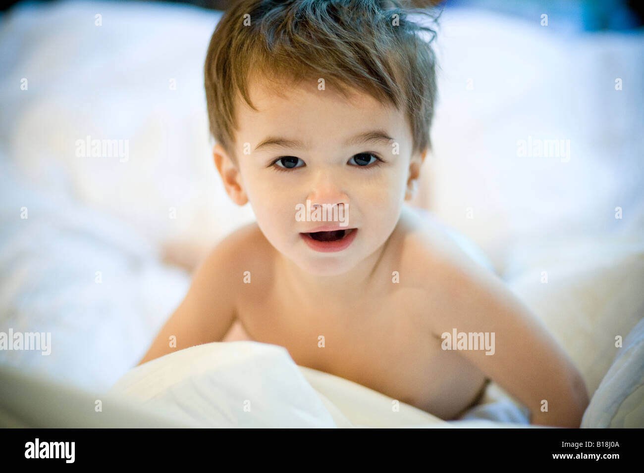 23 Monate alten Jungen spielt innerhalb der weißen Laken des Bettes, Montreal, Quebec, Kanada Stockfoto