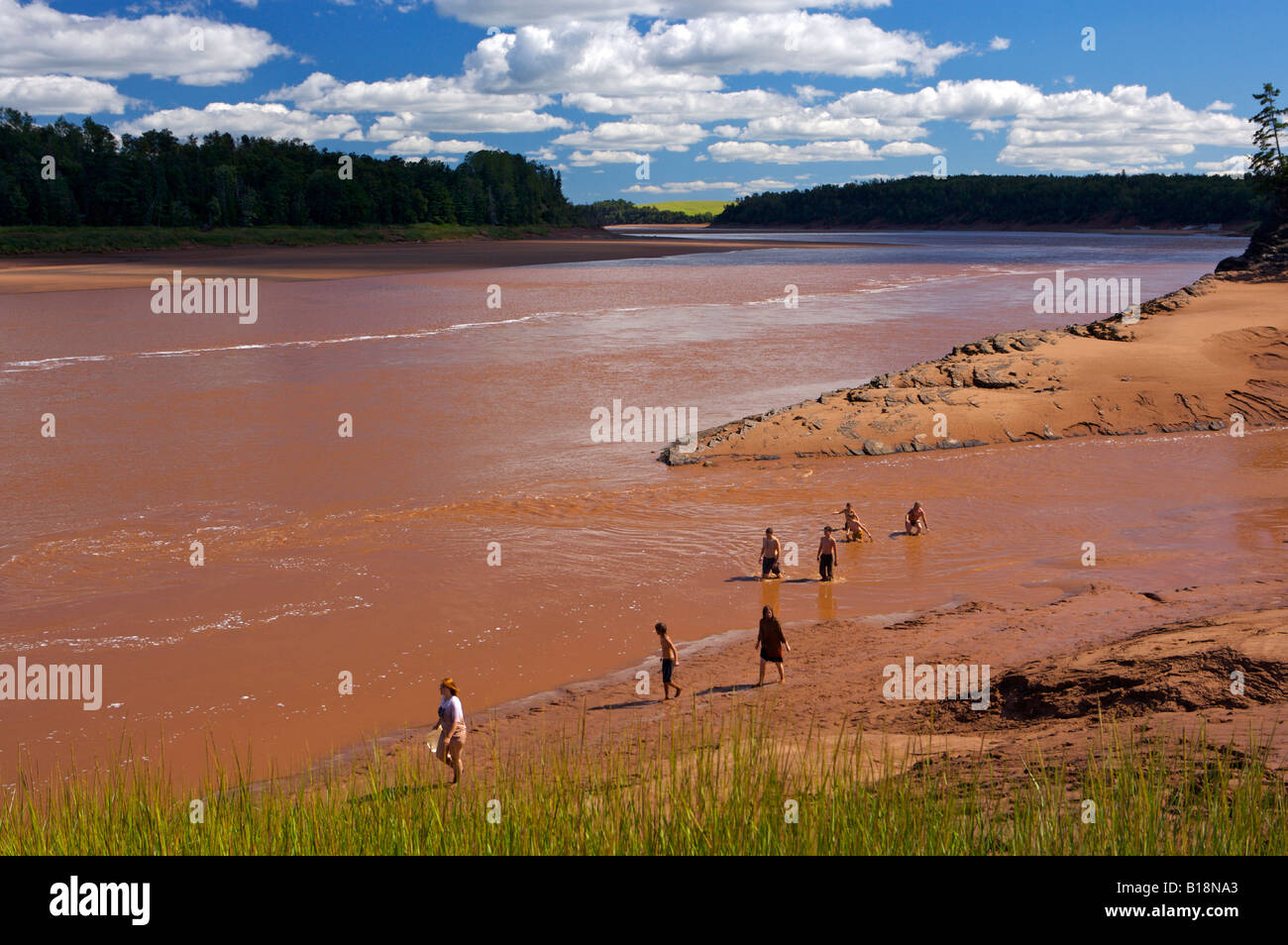 Familie Baden in den trüben Gewässern des Flusses Shubenacadie im Süden Maitland, Landstraße 236, Fundy Shore Ecotour Glooscap Trail Stockfoto