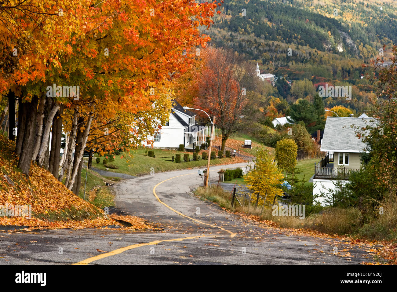 Landstraße Abstieg ins Dorf und ist umgeben von bunten Ahorn, Saint-Irénée, Quebec, Kanada Stockfoto