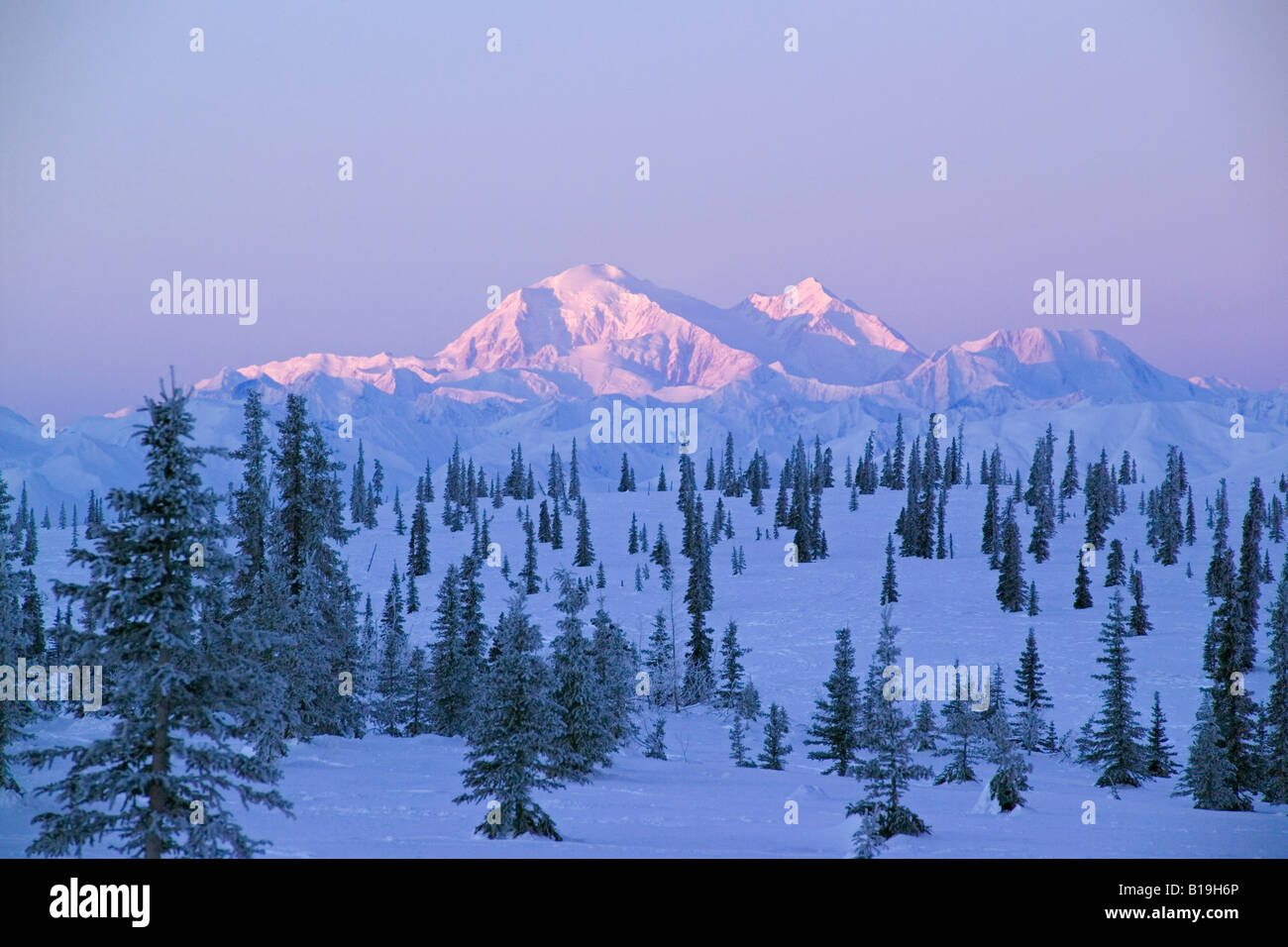 USA, Alaska. Sunrise 26. Januar 2005 am Mount McKinley von Broad Pass in die Alaska Range südlich von Cantwell gesehen. Stockfoto