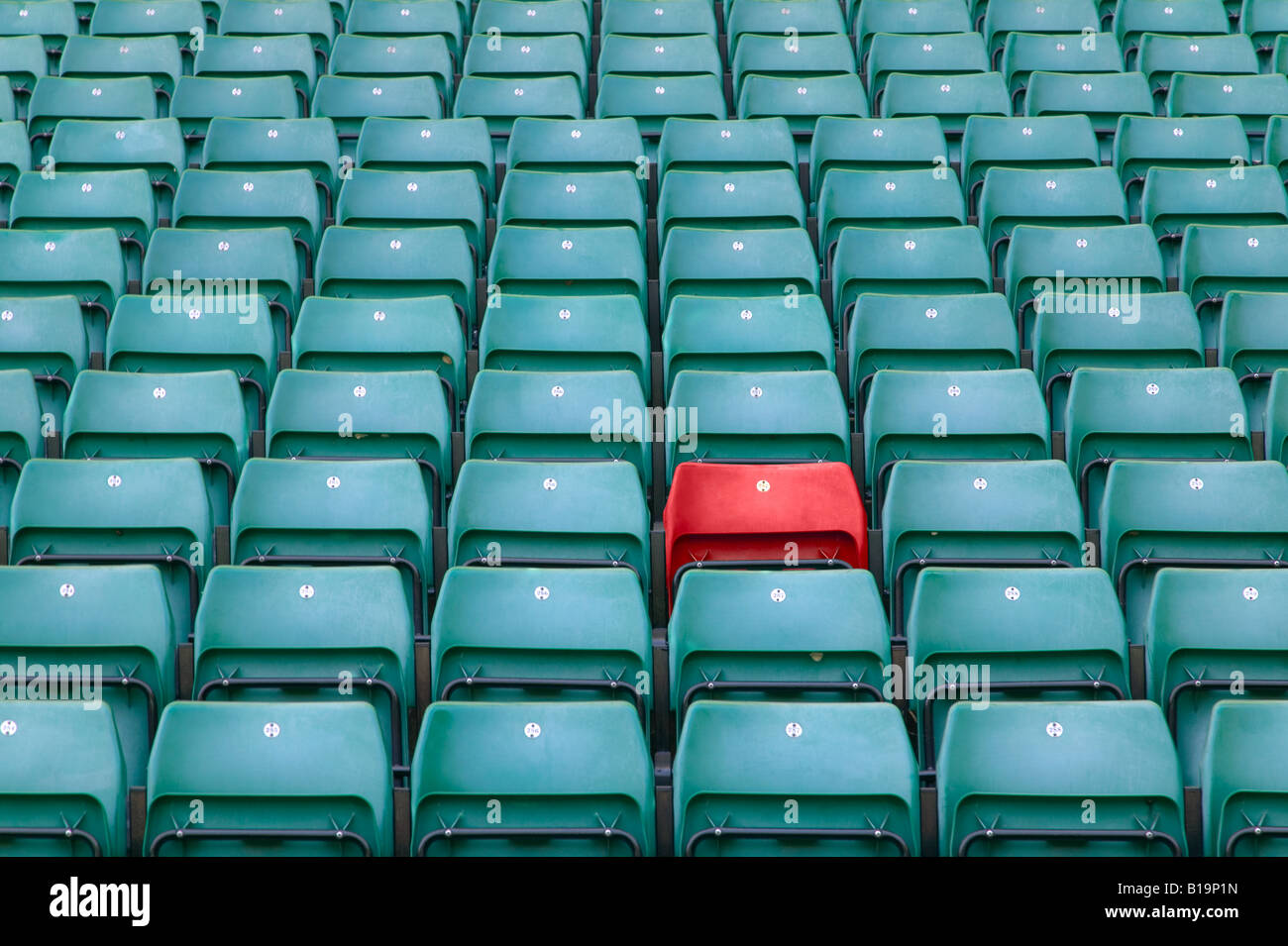 Ein roter Sitz unter grünen Sitzreihen im Sportstadion Stockfoto