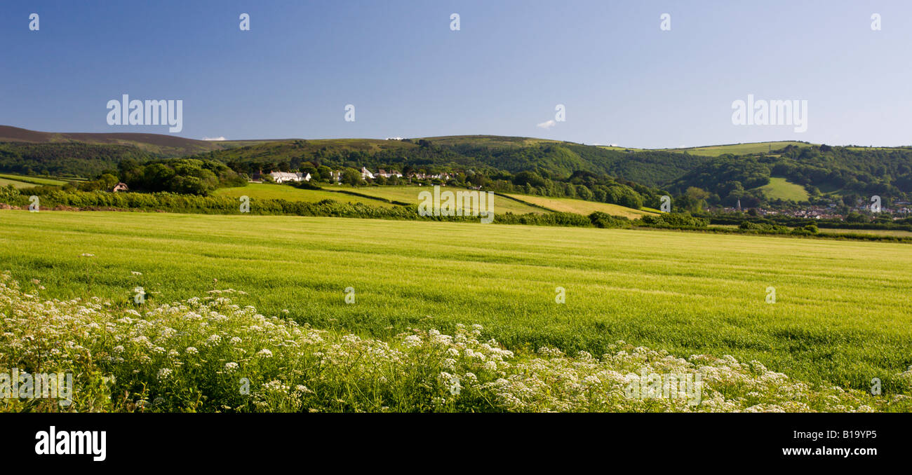 Blick über Felder in Richtung Porlock aus Bossington Exmoor Nationalpark Somerset England Stockfoto