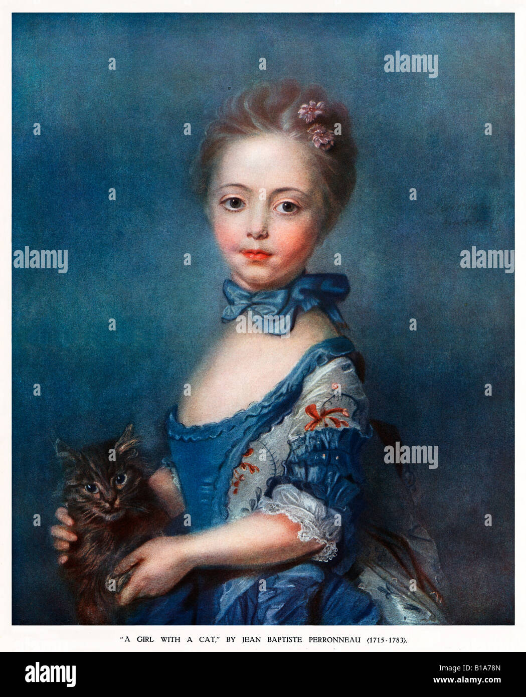 Mädchen mit A Cat aus dem 18. Jahrhundert Malerei des französischen Künstlers Jean Baptiste Perronneau des Mädchens in einem blauen Kleid und ihr Haustier Stockfoto