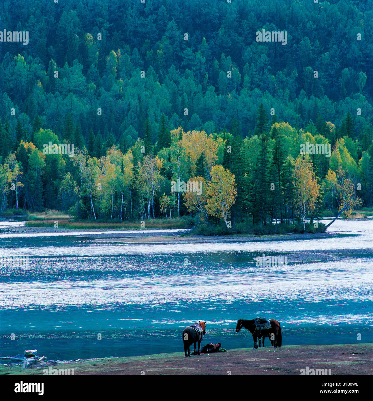 Menschen und Pferde Hanasi See mit Wald am gegenüberliegenden Ufer Stockfoto