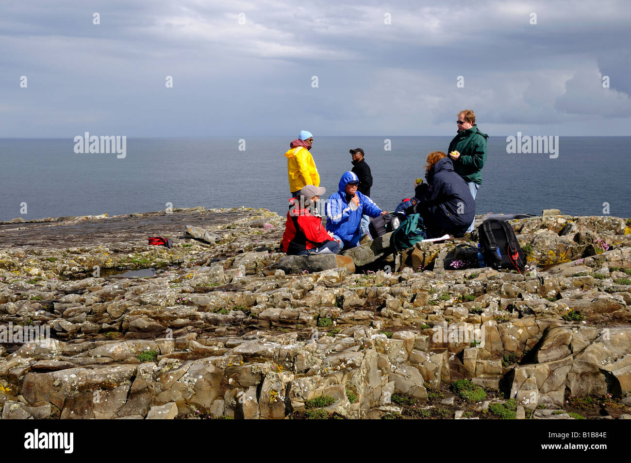 Geologen studieren die Felsen entlang der Küste von Irland. Stockfoto