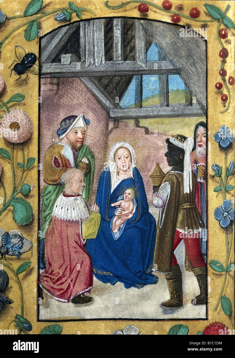 Kunst, sakrale Kunst, Jesu Christi, Anbetung der Könige, flämischen Miniatur, Stundenbuch "Pfannenberger Missale", um 1500, Benedicti Stockfoto
