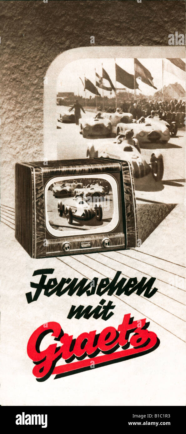 Broadcast, Fernsehen, Werbung, Grätz Typ F 6, Broschüre, Deutschland, 1953, historisch, historisch, technisch, Technik, 1950er Jahre, Schwarzweiß, Autorennen, Slogan, Werbung, Wirtschaftswunder, Sport, Typ, Sätze, 20. Jahrhundert, Stockfoto