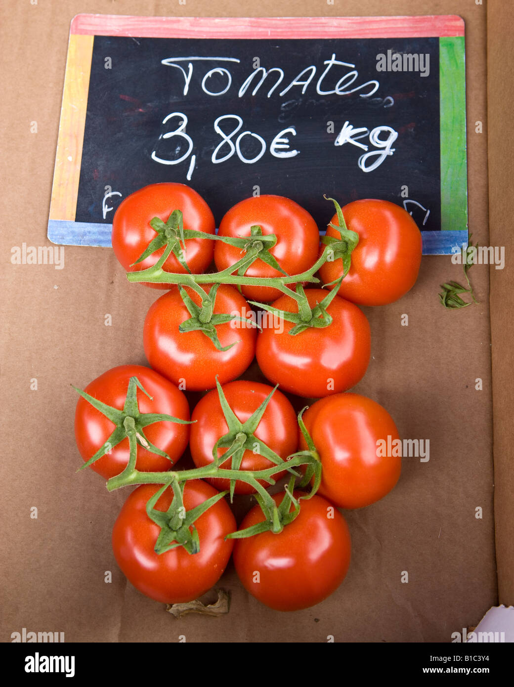 Tomaten auf der Rebe, die Preise in Euro pro Kilo Stockfoto