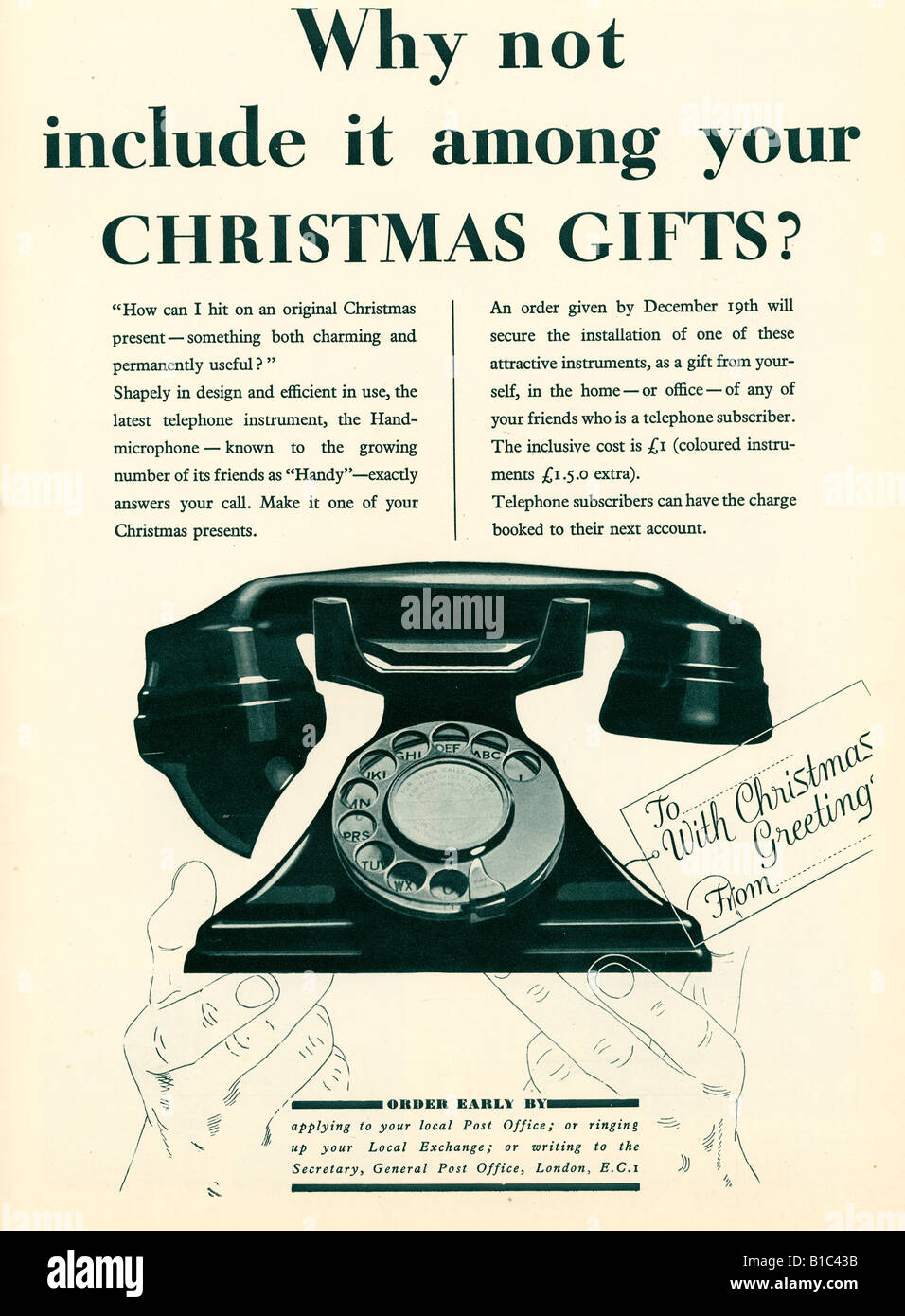 Telefon Ad 1933 Werbung für die neueste Telefon Instrument einer Bakelit Empfänger als das ideale Weihnachtsgeschenk Stockfoto