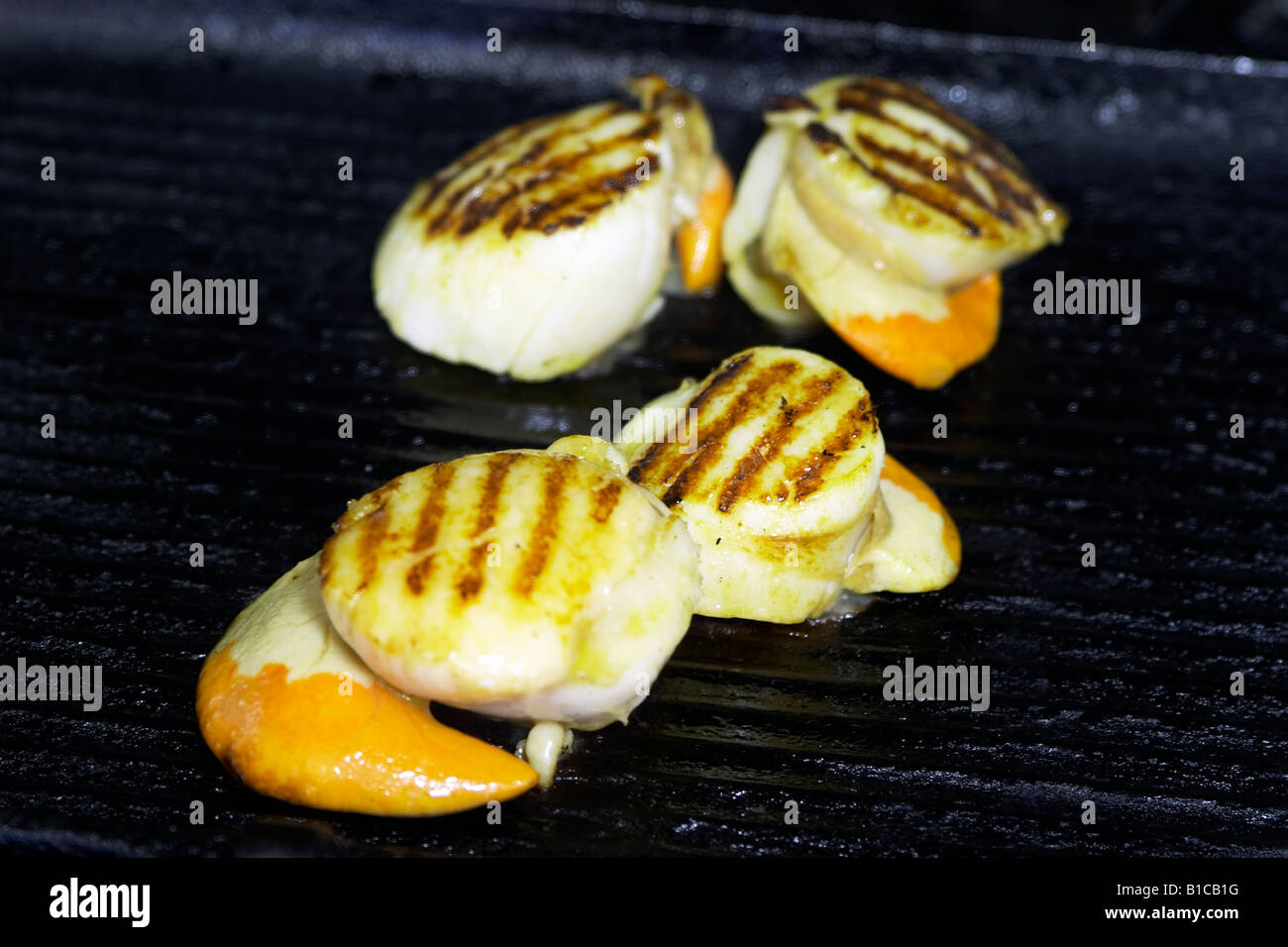 Jakobsmuscheln auf einem Backblech Kochen Stockfoto