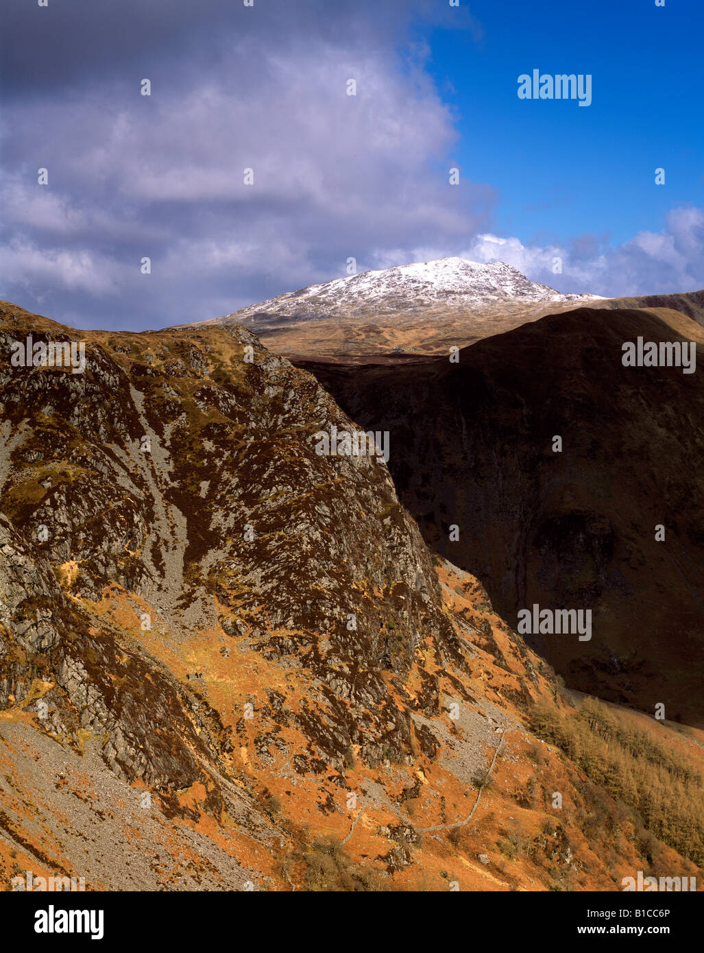 Blick über Cwm Cywarch, Arran Fawddwy.  Snowdonia-Nationalpark. Stockfoto