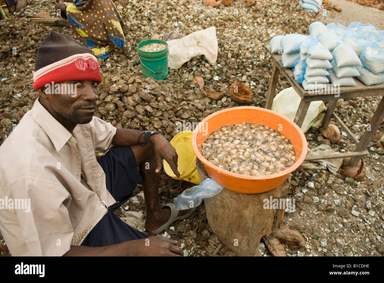 Muslimische Mwani Wohnsitz ("Leute des Meeres") verkaufen fangfrischen-Muscheln in der Dhow Hafen Mocímboa da Praia, Mosambik Stockfoto