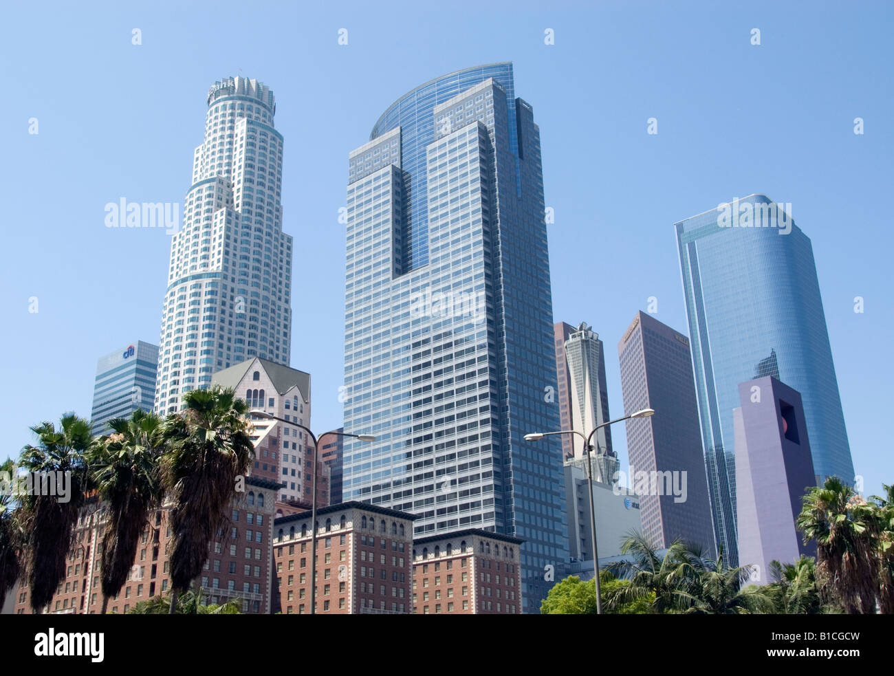 Straßenansicht der Wolkenkratzer und Palmen in der Innenstadt von Los Angeles, Kalifornien. Stockfoto