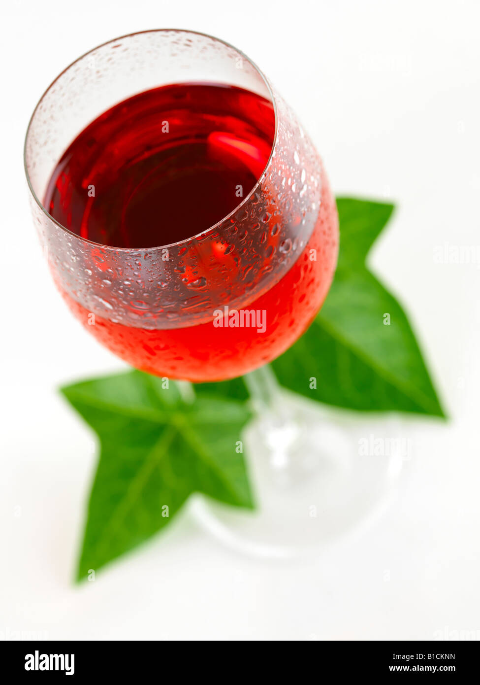 Rotwein mit Wasser Tropfen und Efeu Blätter, isolierten auf weißen Hintergrund Stockfoto