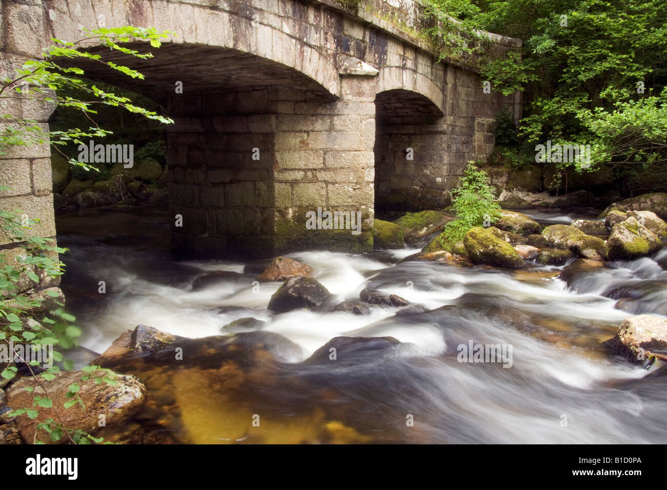 Die Strömung des Flusses Plym an der Shaugh Brücke in der Nähe von Bickleigh Dartmoor Devon Stockfoto