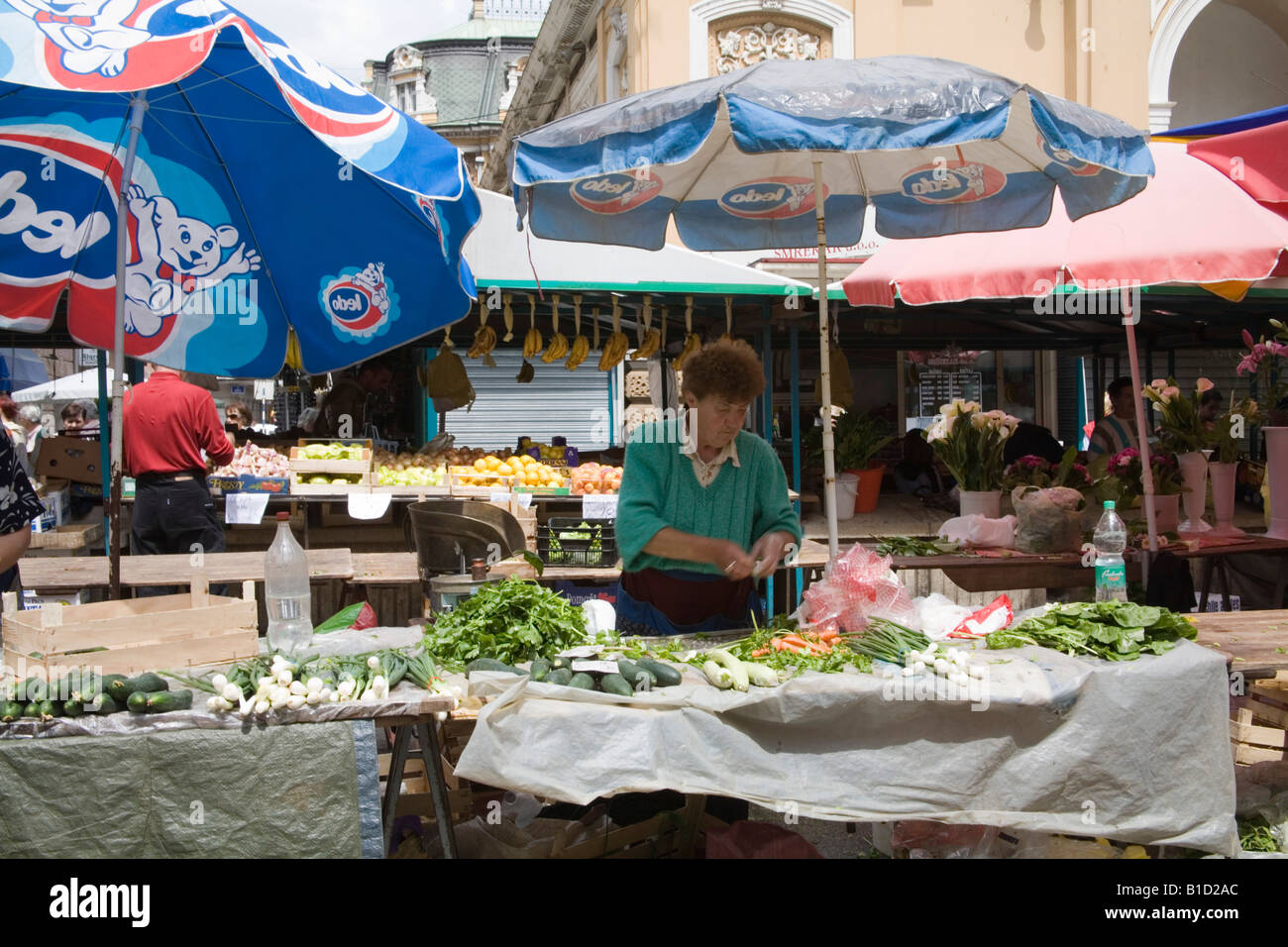 Rijeka Istrien Kroatien Europa können weibliche Standinhaber, die Überprüfung ihrer Einnahmen am Ende eines Handelstages im Markt Stadt Stockfoto