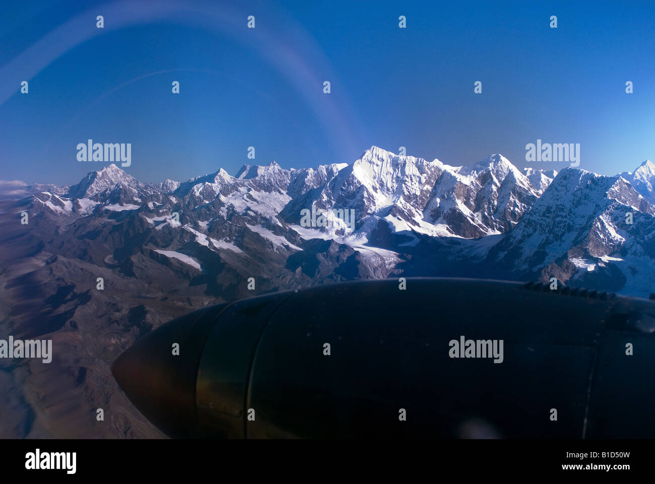 Könige des Himalaya-Gebirges, Nuptse, Mount Everest und Lhotse, vom Flugzeug aus gesehen Stockfoto