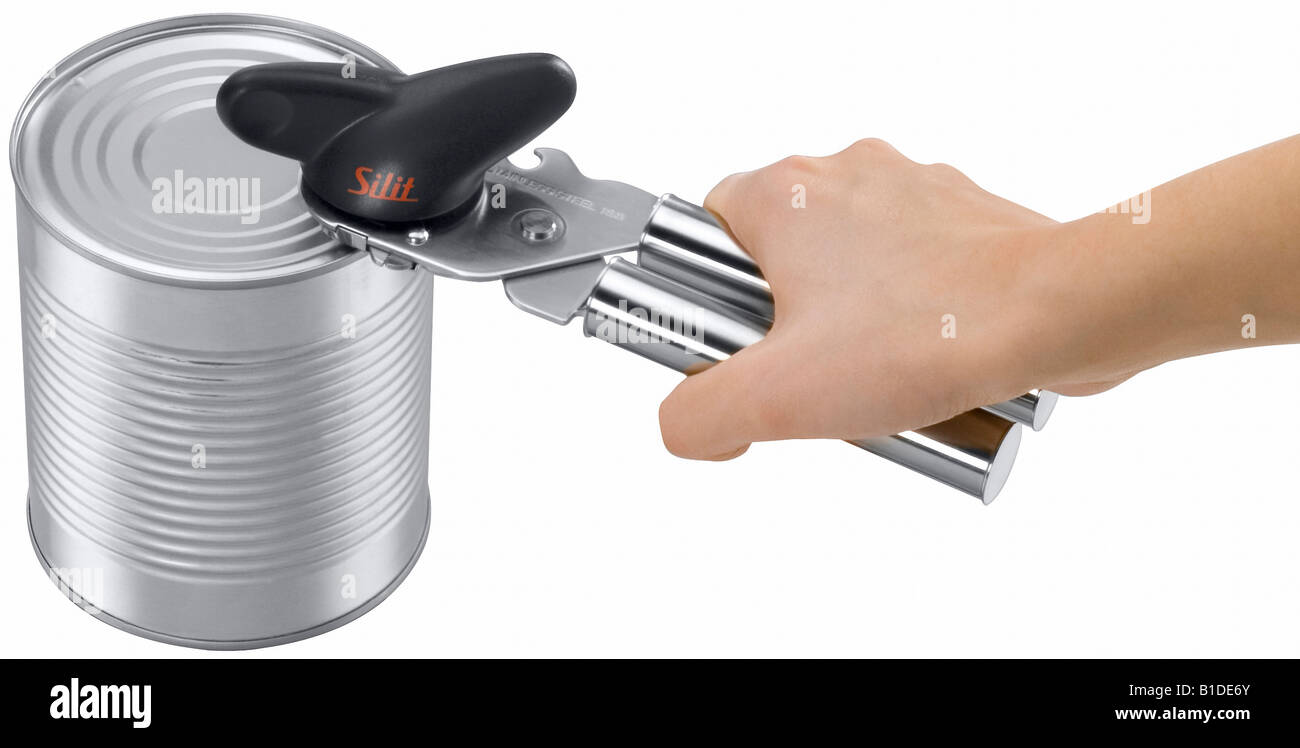 Eine Dose und Hand mit einem Dosenöffner Stockfoto