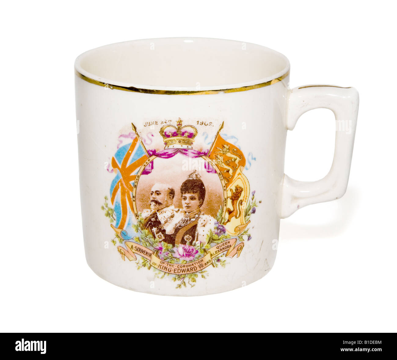 Souvenir antique Krönung Mug König Edward VII und Königin Alexandra 1902 Großbritannien Stockfoto